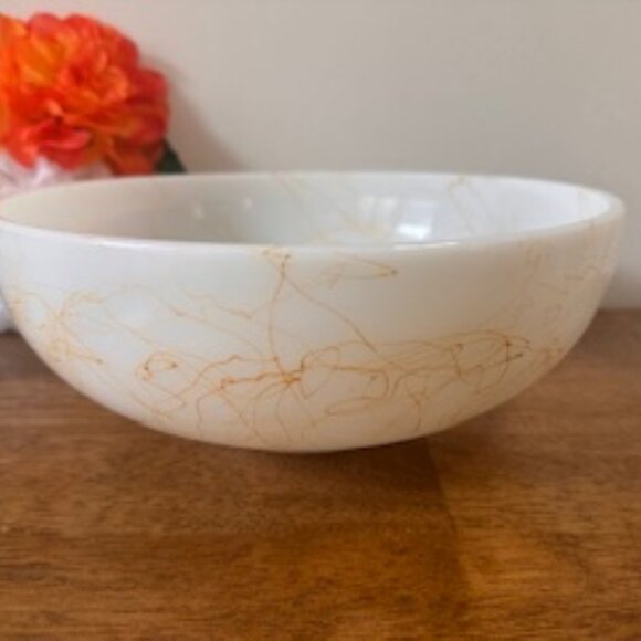 Hazel Atlas Butterscotch Drizzle Milk Glass Bowl Vintage Spaghetti Pattern Retro - Picture 2 of 6